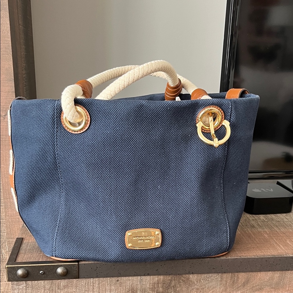 Michael Kors Navy Canvas Tote with Cream Rope Handles and Tan Trim